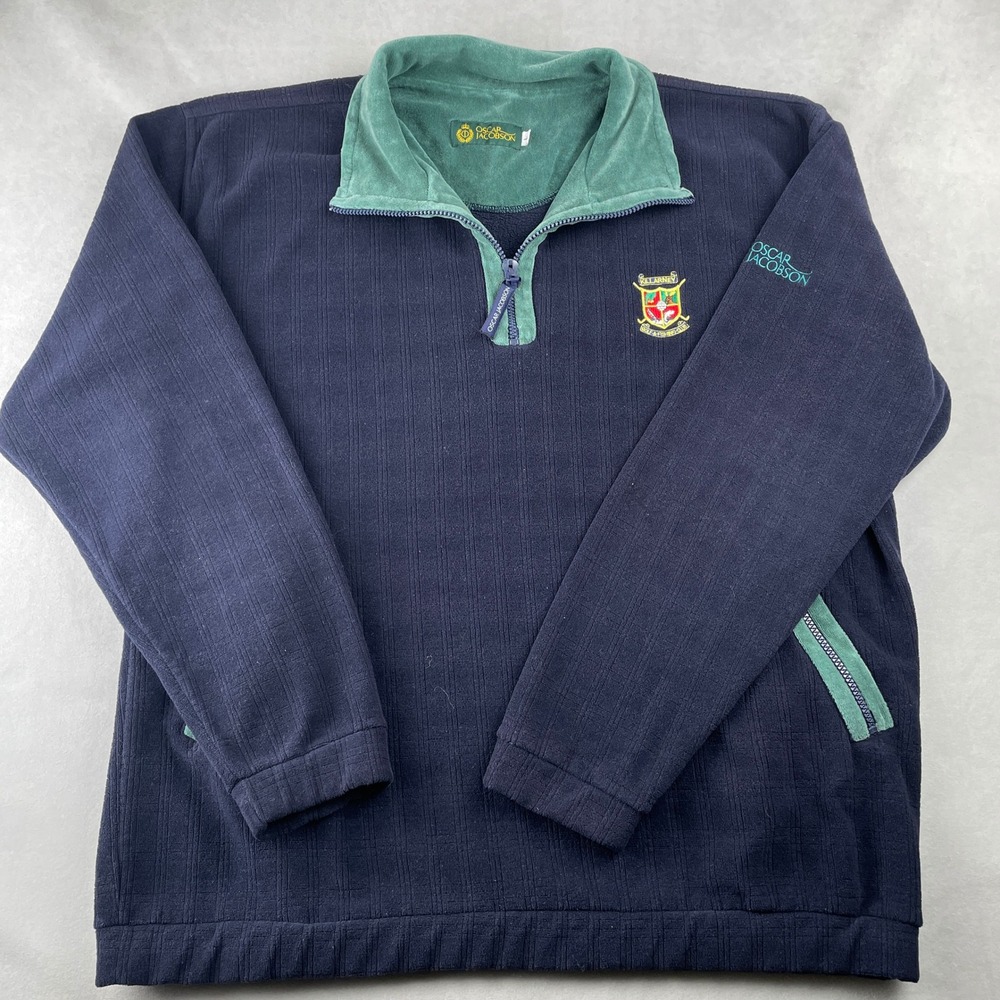 VTG Oscar Jacobson Killarney Sweater Mens L Navy Green Fleece Golf Zip Pullover